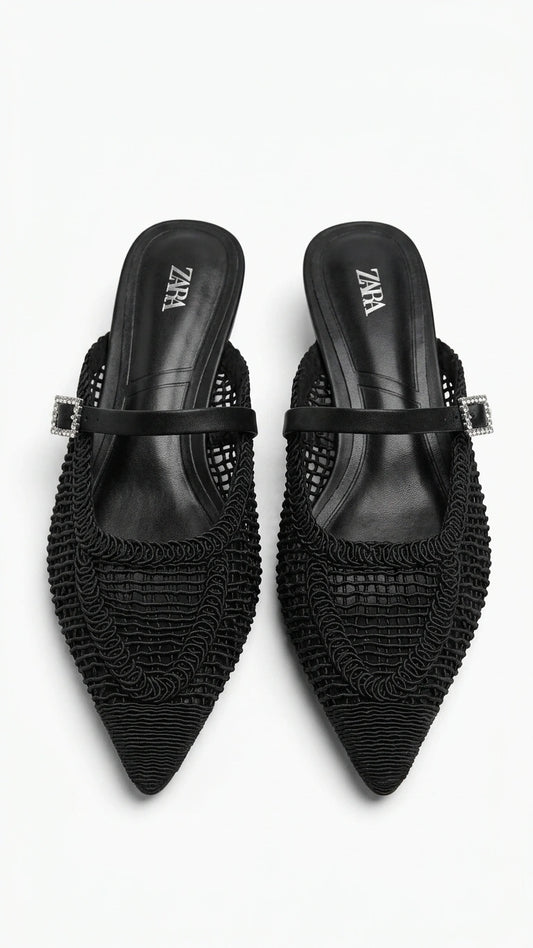 ZARA Woven Pointed Toe Mules - Black