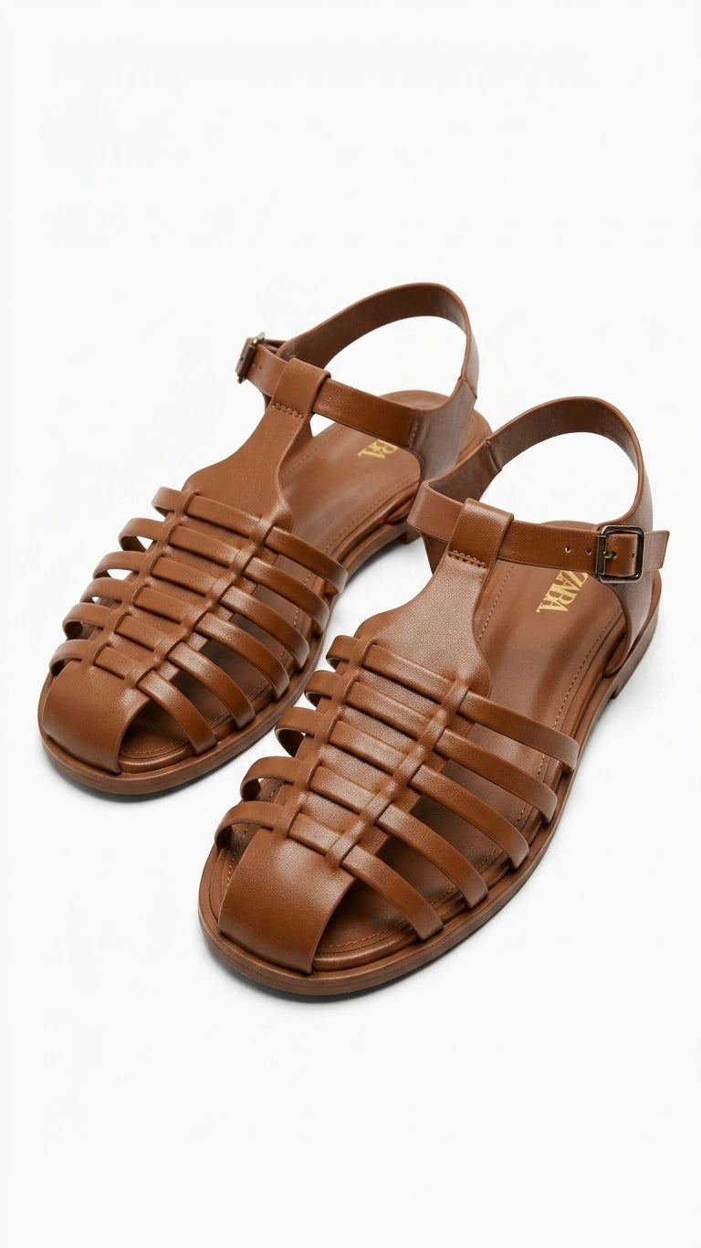 ZARA Women Woven Caged Flat Sandals - Brown