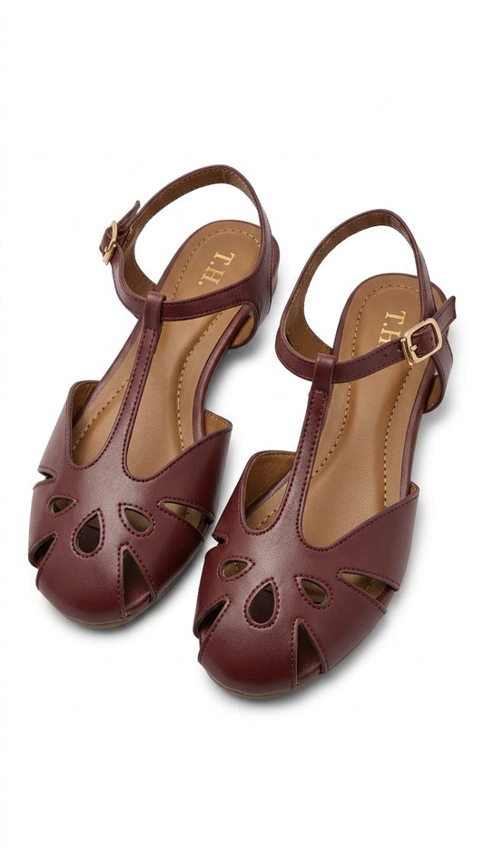 ZARA Women's Cut-Out T-Strap Flat Sandals - Burgundy
