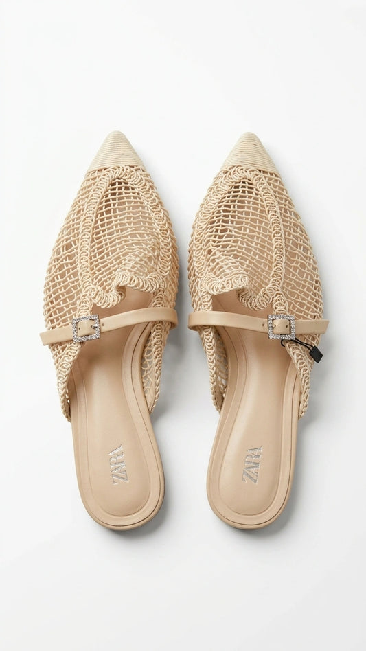 ZARA Women's Mesh Pointed Flat Mules - Beige