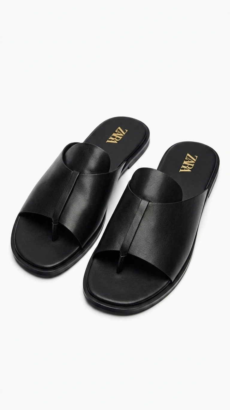 ZARA Women's Thong Strap Leather-Effect Sandals - Black