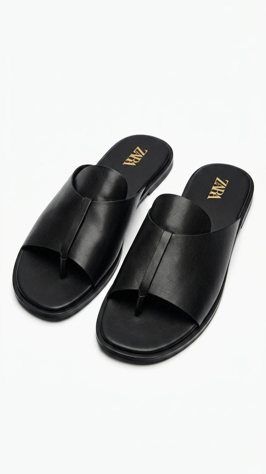 ZARA Women's Thong Strap Leather-Effect Sandals - Black