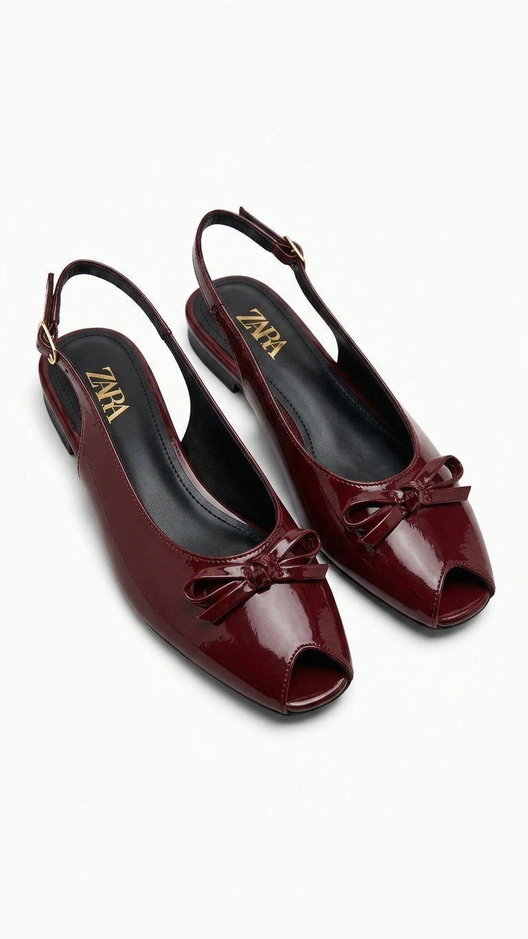 ZARA Women's Patent Peep-Toe Slingback Flats with Bow - Burgundy