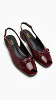 ZARA Women's Patent Peep-Toe Slingback Flats with Bow - Burgundy