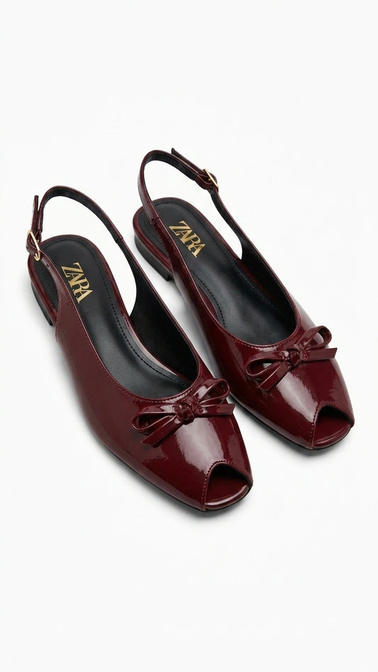 ZARA Women's Patent Peep-Toe Slingback Flats with Bow - Burgundy