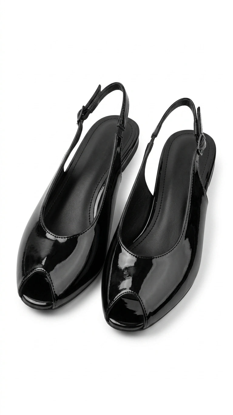 ZARA Women's Patent Peep Toe Slingback Flats - Black