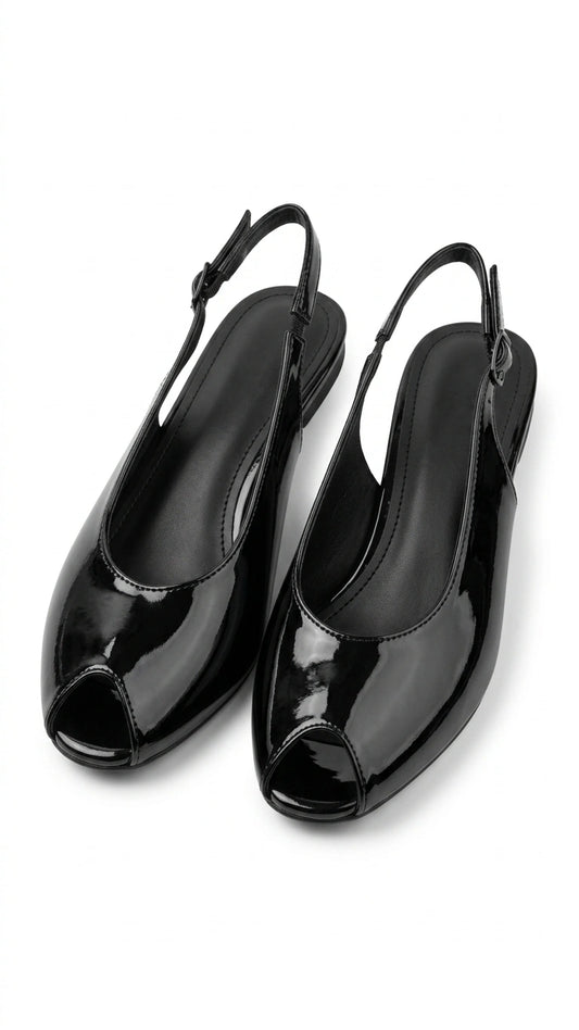 ZARA Women's Patent Peep Toe Slingback Flats - Black