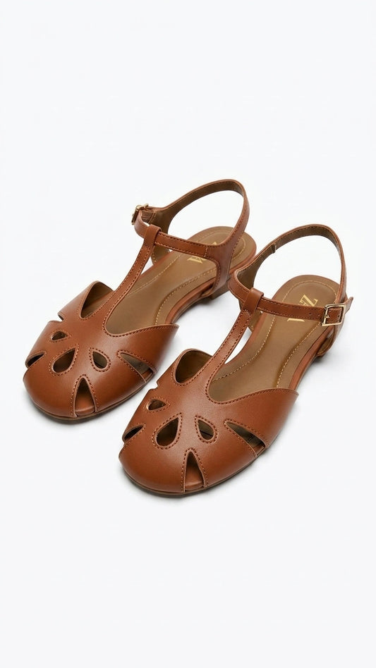 ZARA Women's T-Bar Cut-Out Flat Sandals - Brown