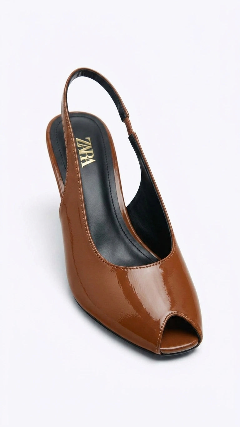 ZARA Patent Finish Peep Toe Slingback Heels - Brown