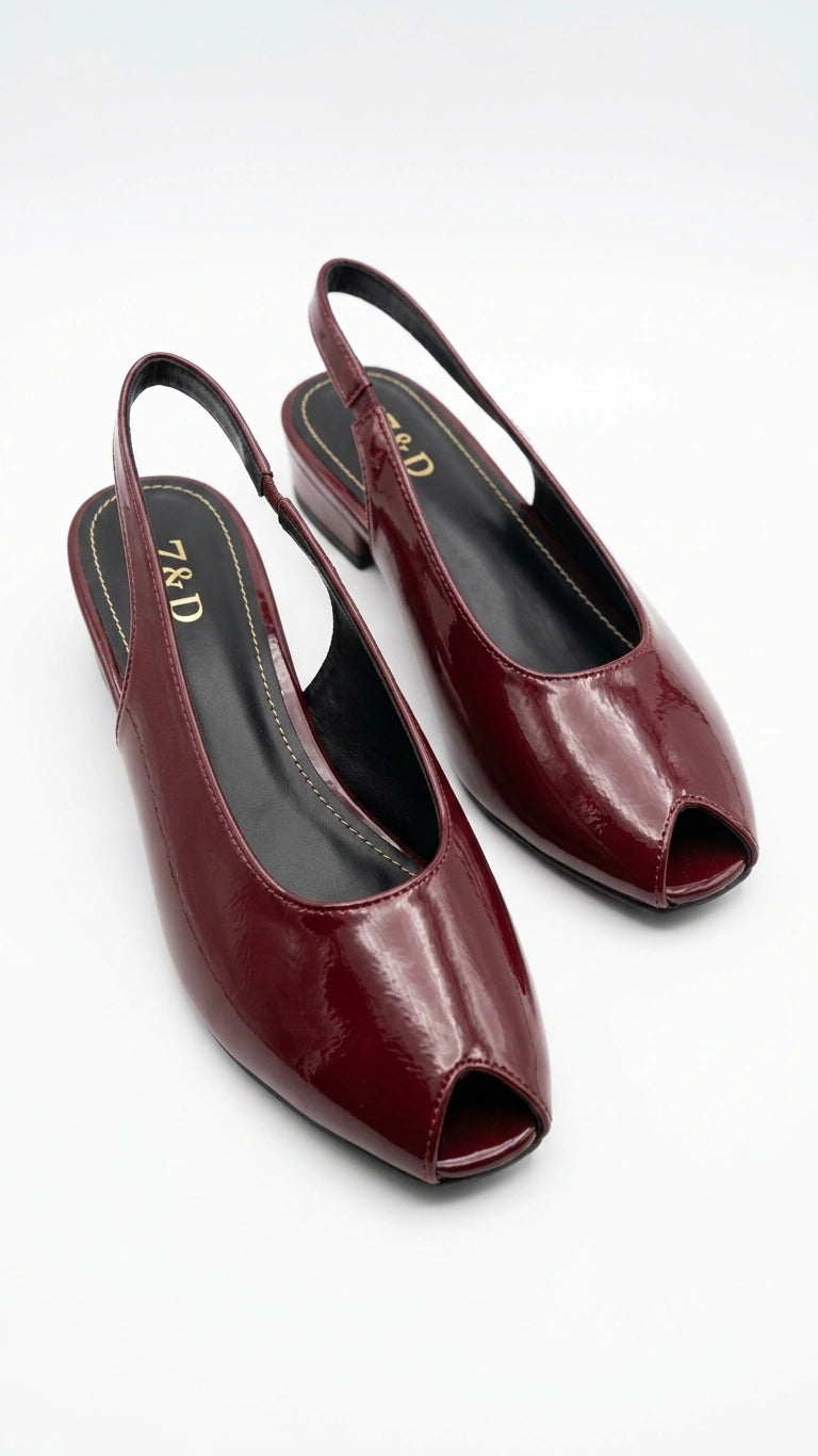 ZARA Women's Patent Slingback Peep Toe Block Heels - Burgundy