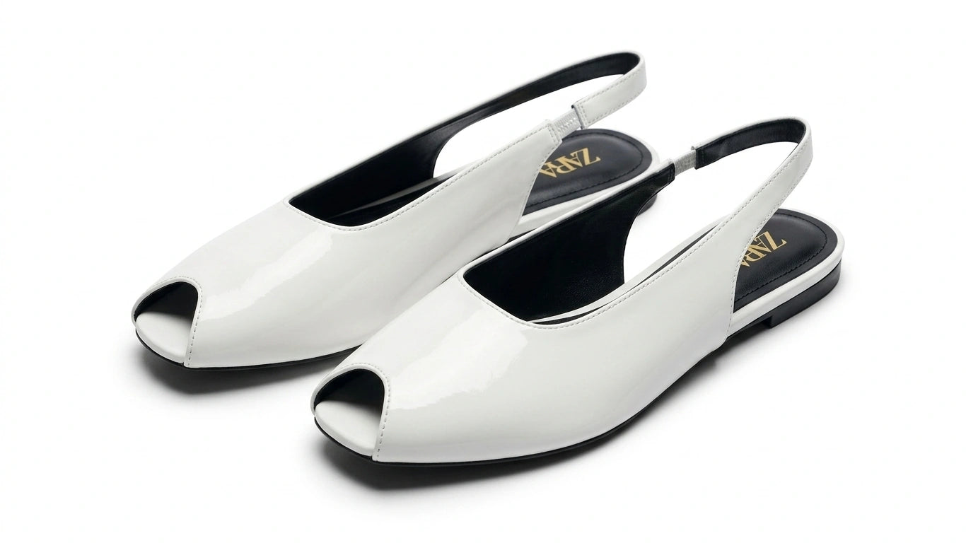 ZARA Women's Peep Toe Slingback Flats - White