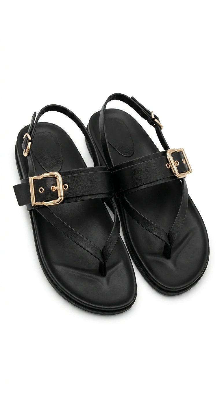 ZARA Women's Buckle Detail Thong Ankle Strap Sandals - Black