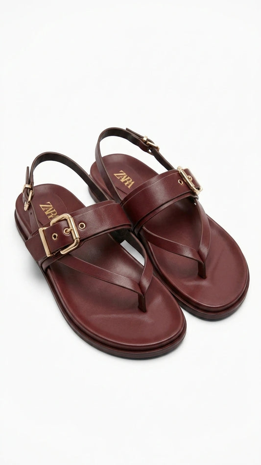 ZARA Buckle Detail Thong Slingback Sandals - Burgundy