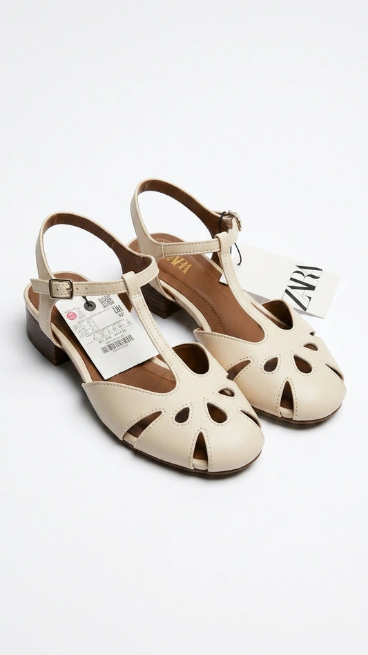 ZARA Women Cut-Out T-Bar Flat Sandals - Cream
