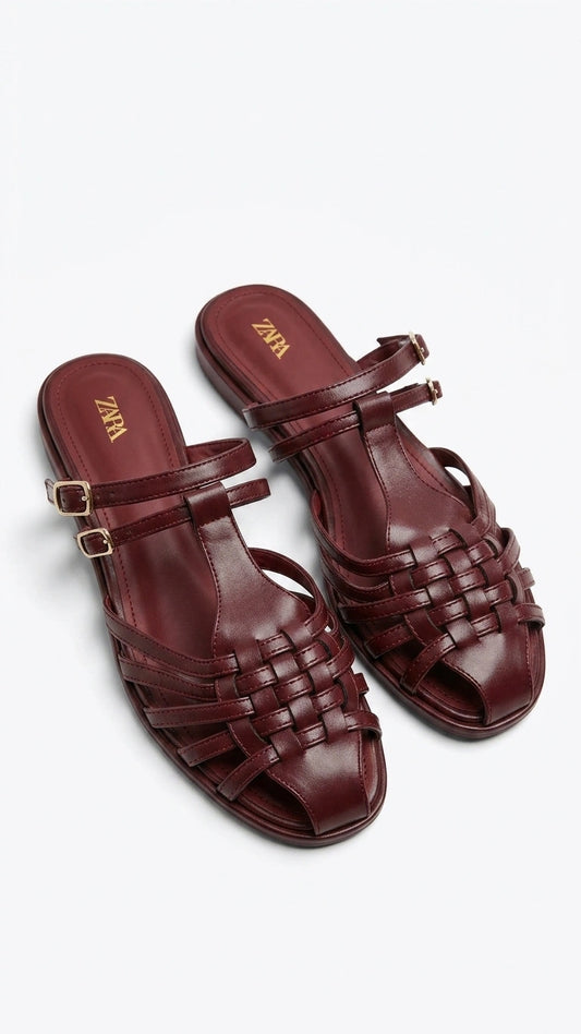ZARA Women's Woven Strap Fisherman Sandals - Burgundy