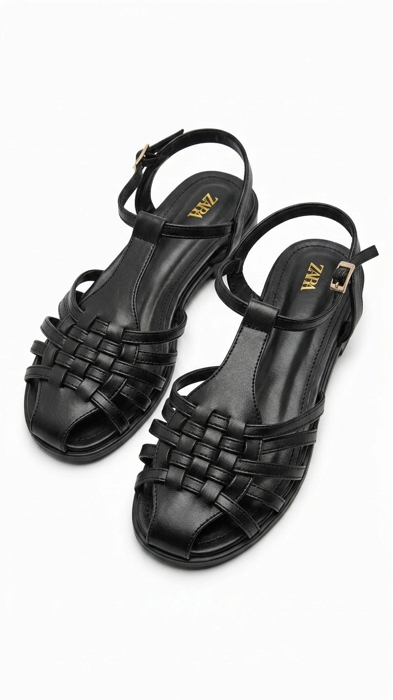 ZARA Women's Woven T-Strap Flat Sandals - Black