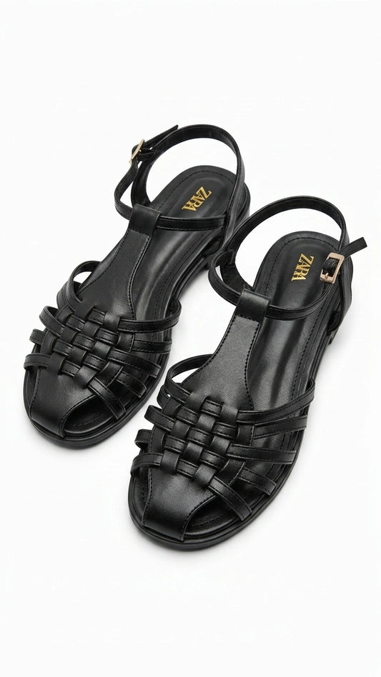 ZARA Women's Woven T-Strap Flat Sandals - Black