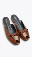 ZARA Women's Patent Peep-Toe Bow Mules - Caramel Brown