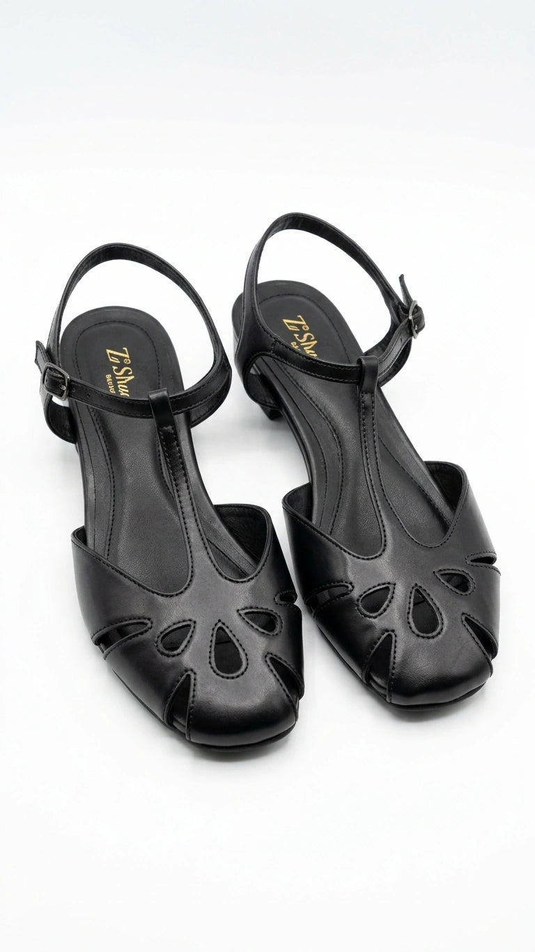 ZARA Women's T-Strap Cutout Low Heel Sandals - Black
