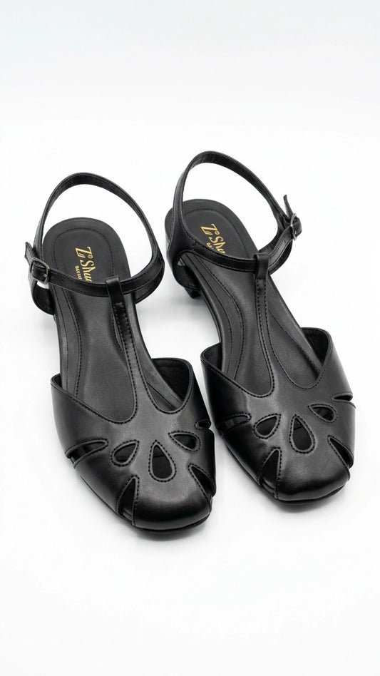 ZARA Women's T-Strap Cutout Low Heel Sandals - Black