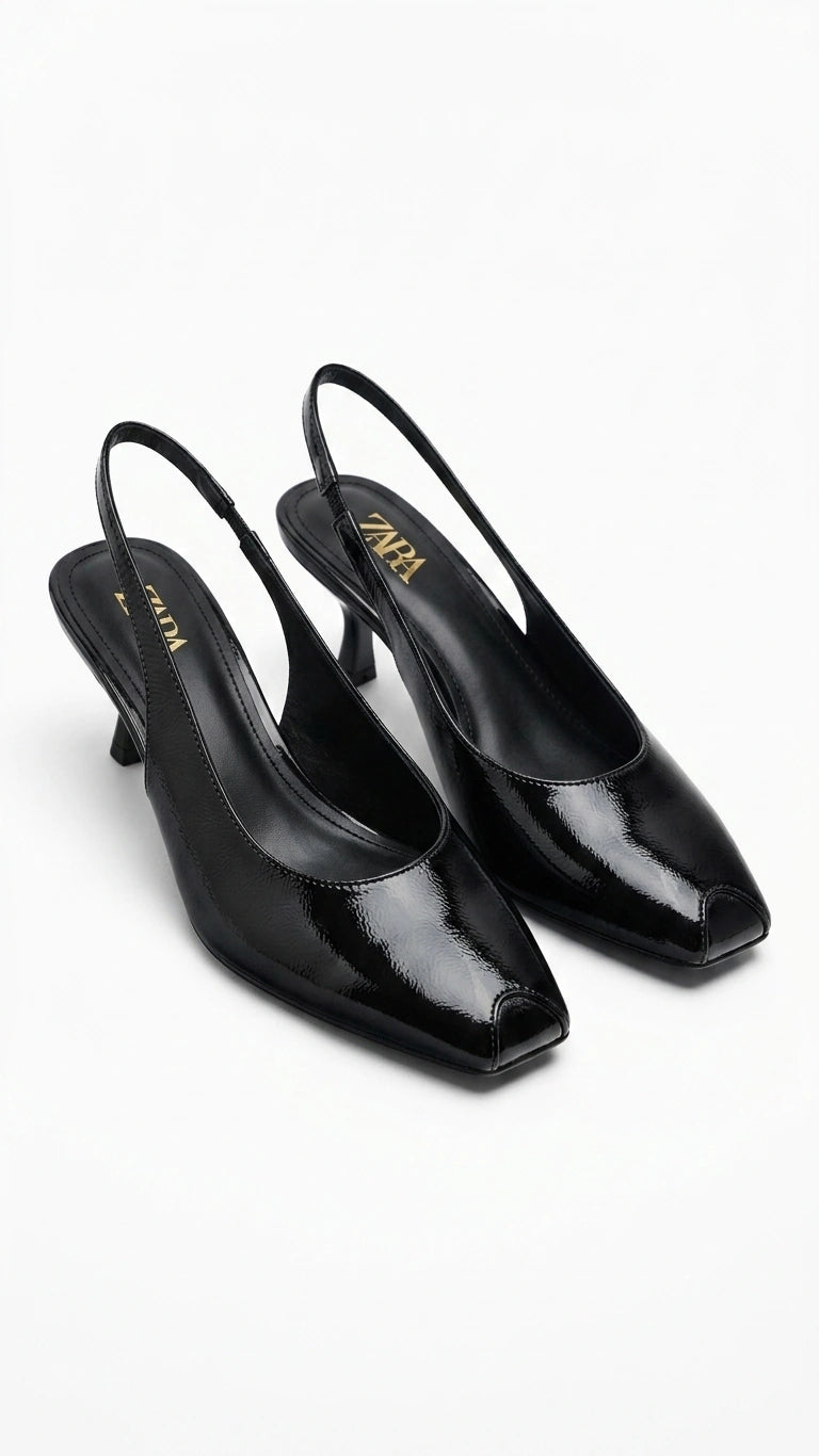 ZARA Women's Patent Finish Square Toe Slingback Kitten Heels - Black