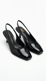 ZARA Women's Patent Finish Square Toe Slingback Kitten Heels - Black