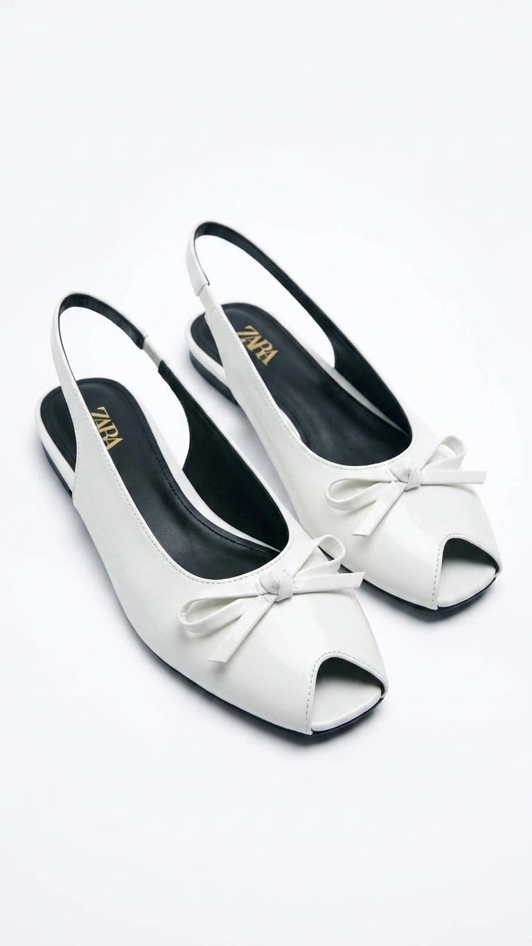 ZARA Women's Patent Peep-Toe Slingback Flats with Bow - White