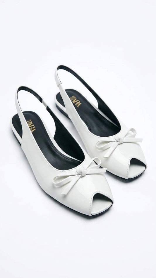 ZARA Women's Patent Peep-Toe Slingback Flats with Bow - White