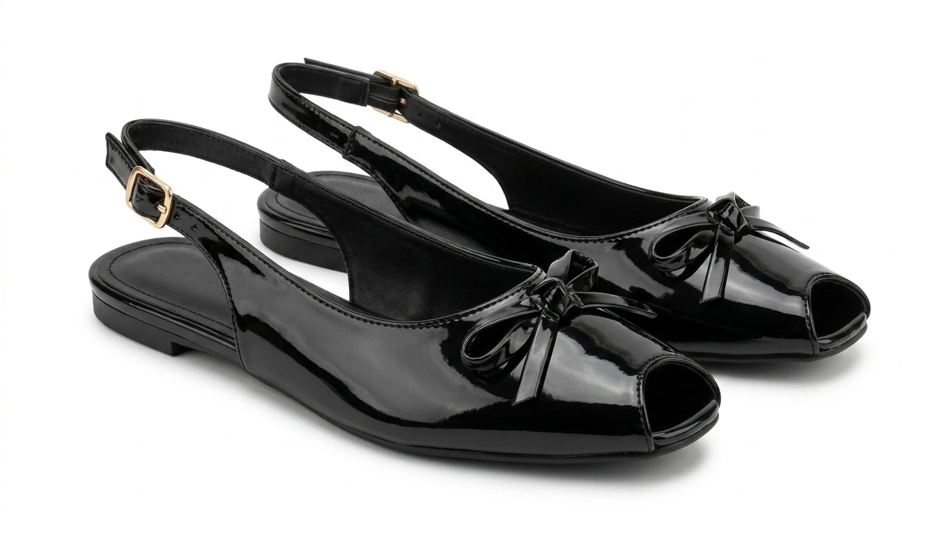 ZARA Women's Patent Peep-Toe Slingback Flats with Bow - Black