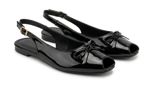 ZARA Women's Patent Peep-Toe Slingback Flats with Bow - Black