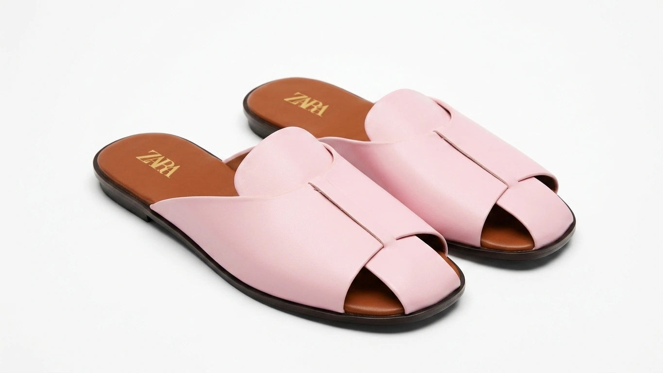 ZARA Women's Crossover Strap Flat Mules - Light Pink