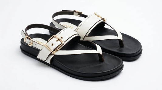 ZARA Buckled Thong Strap Sandals - White/Black