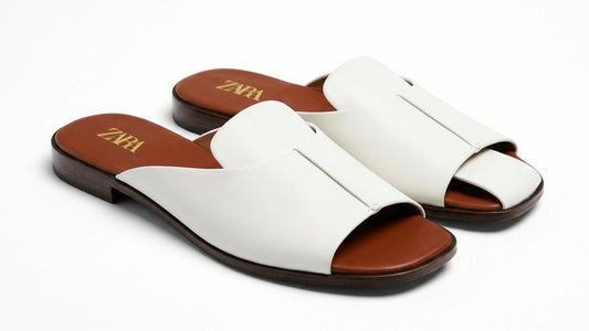 ZARA Women's Overlay Strap Open Toe Flat Mules - White/Brown