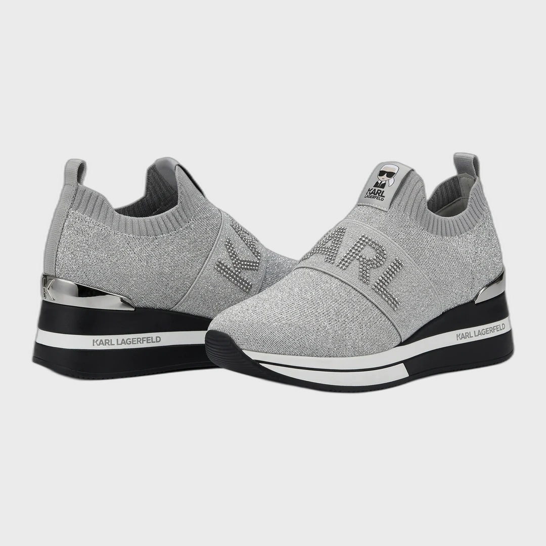 KARL LAGERFELD Women's Knit Wedge Slip-On Trainers - Silver