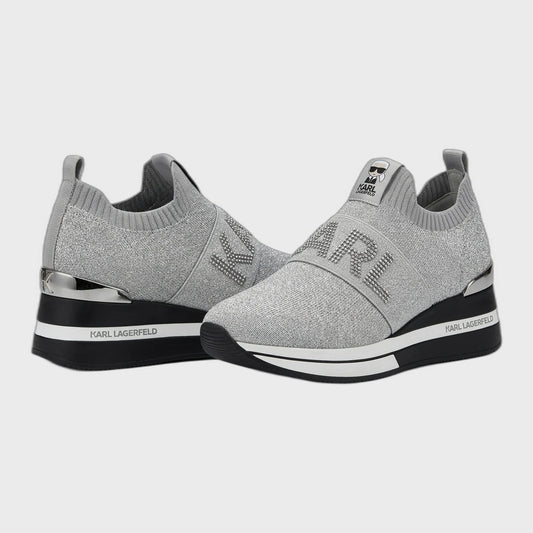 KARL LAGERFELD Women's Knit Wedge Slip-On Trainers - Silver