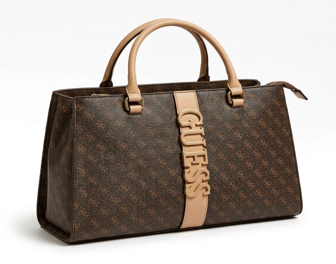 GUESS 4G Logo Print Top Handle Satchel - Brown Multi