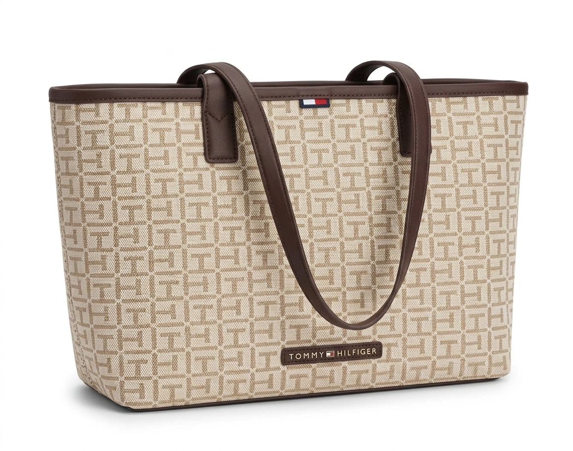Tommy Hilfiger TH Monogram Canvas Tote Bag - Ecru/Brown