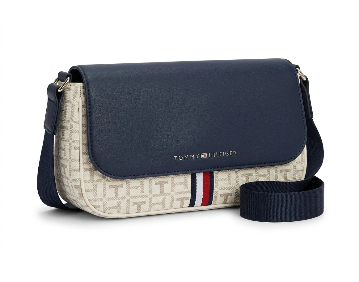 Tommy Hilfiger Women Monogram Flap Crossbody Bag - Navy / Beige Monogram