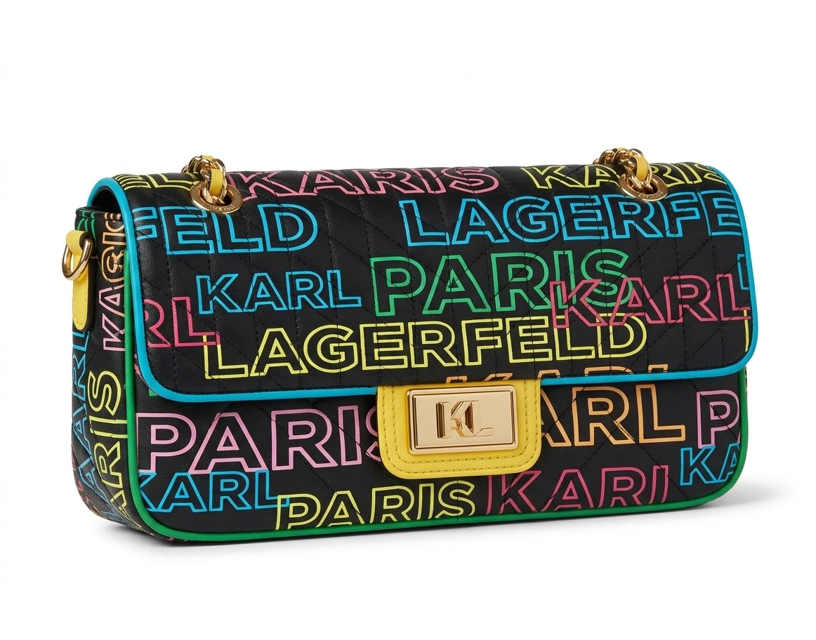 KARL LAGERFELD Women's Quilted Multi-Color Logo Shoulder Bag - Black Multi