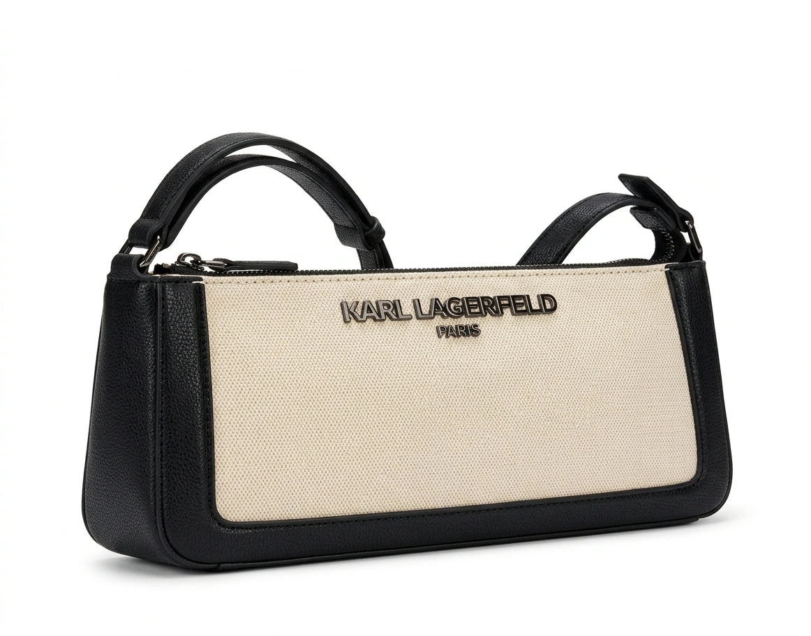 KARL LAGERFELD Logo Canvas & Faux Leather Baguette Bag - Black/Ecru