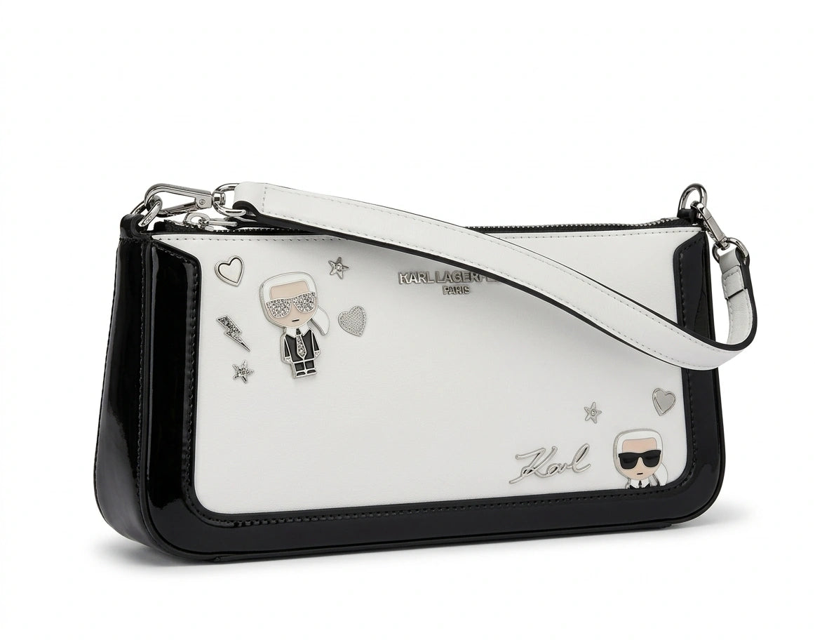 KARL LAGERFELD K/Ikonik 2.0 Patch Baguette Bag - White/Black