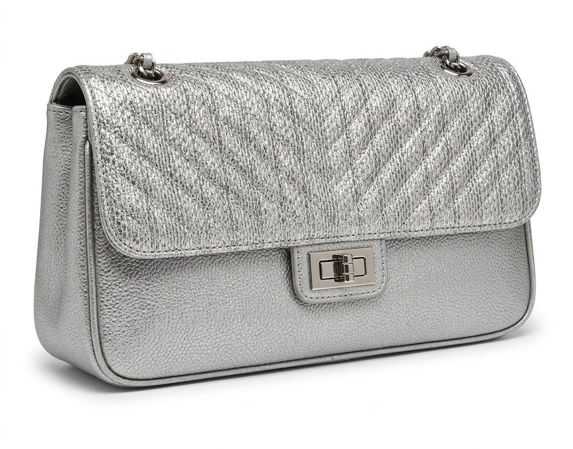 Karl Lagerfeld Quilted Flap Shoulder Bag - Metallic Silver