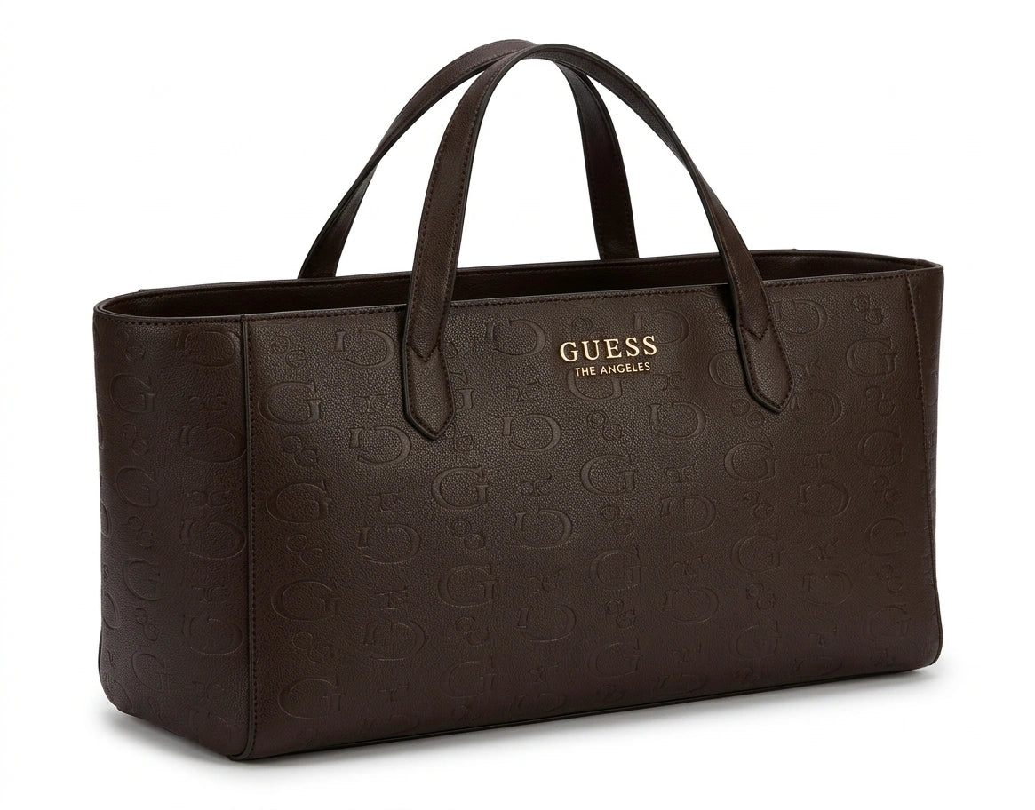 GUESS The Angeles Monogram Embossed Tote Bag - Dark Brown