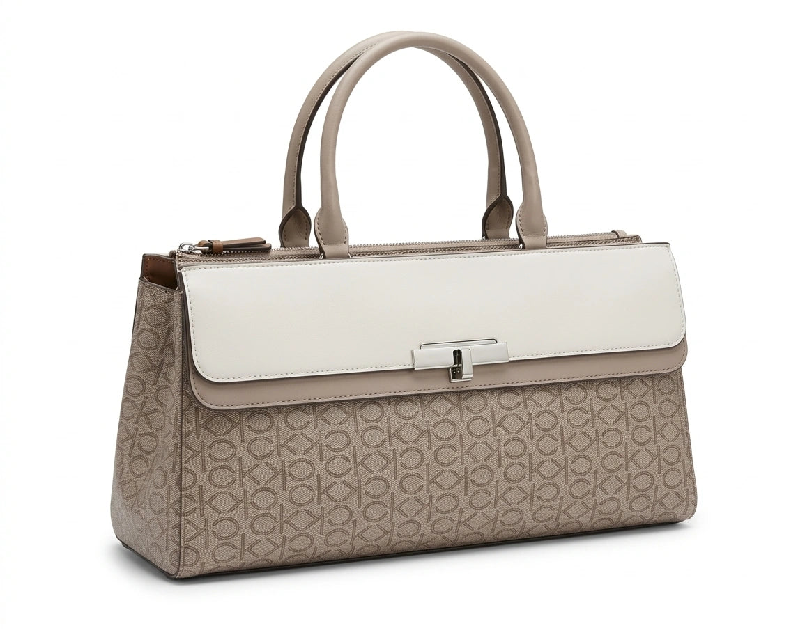 Calvin Klein Monogram Flap Satchel Bag - Beige/Cream