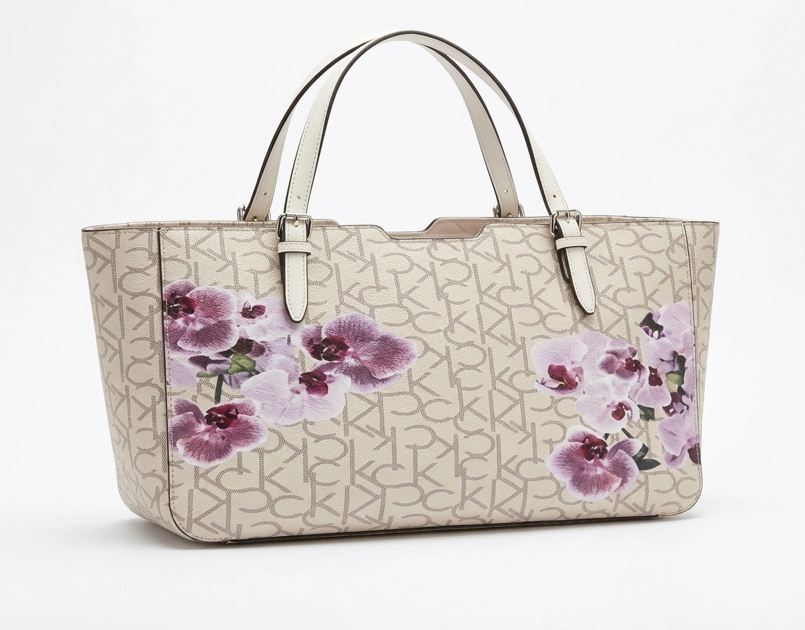 Calvin Klein CK Monogram Floral Printed Tote Bag - Ecru Multi