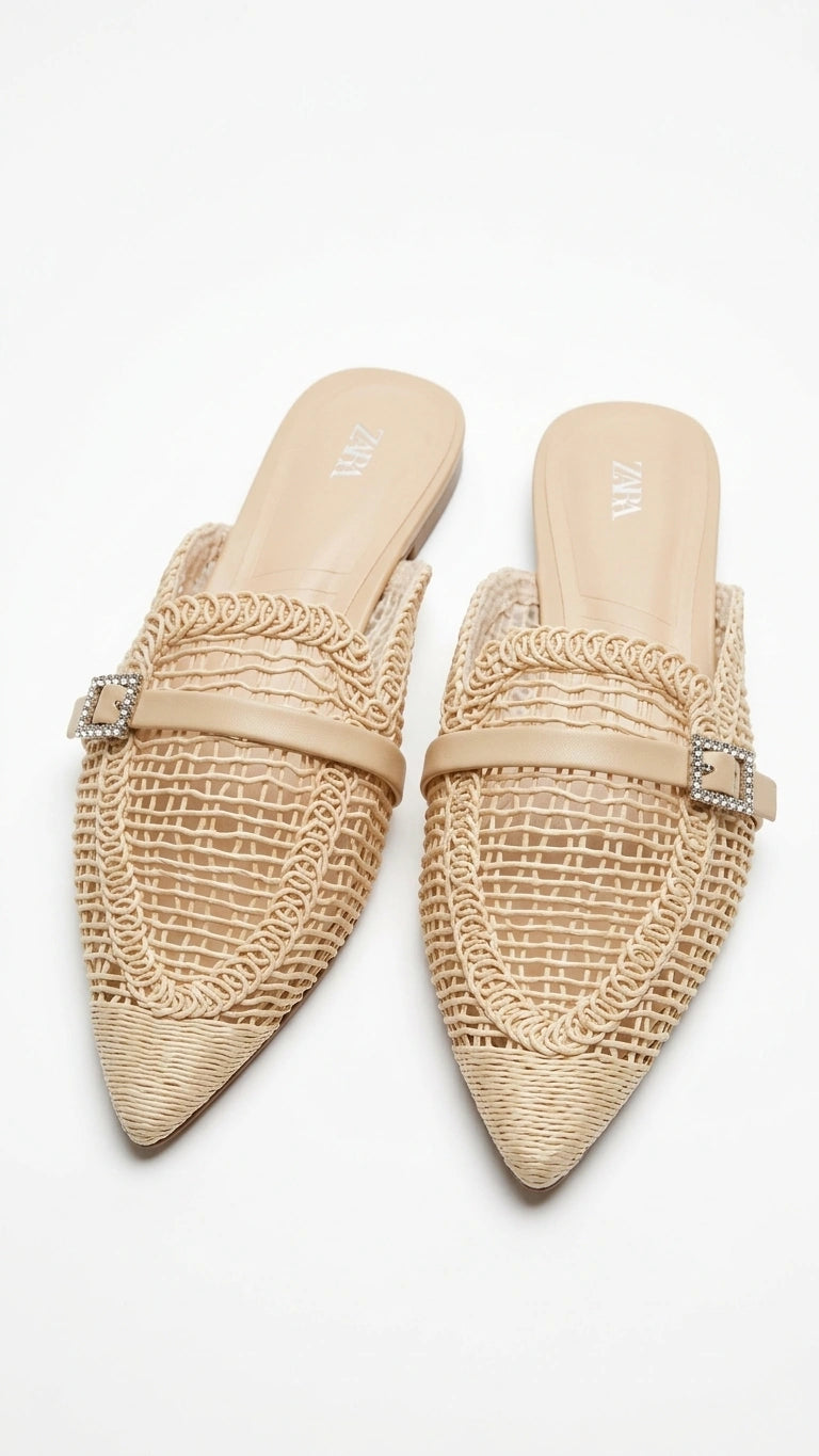 ZARA Woven Pointed Toe Mules with Rhinestone Buckle - Natural Beige