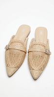 ZARA Woven Pointed Toe Mules with Rhinestone Buckle - Natural Beige