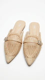 ZARA Woven Pointed Toe Mules with Rhinestone Buckle - Natural Beige