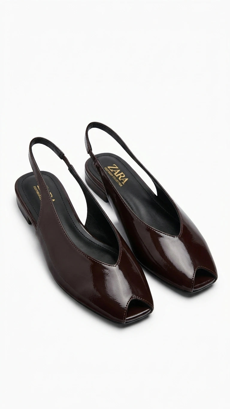 ZARA Women Patent Peep Toe Slingback Flats - Burgundy