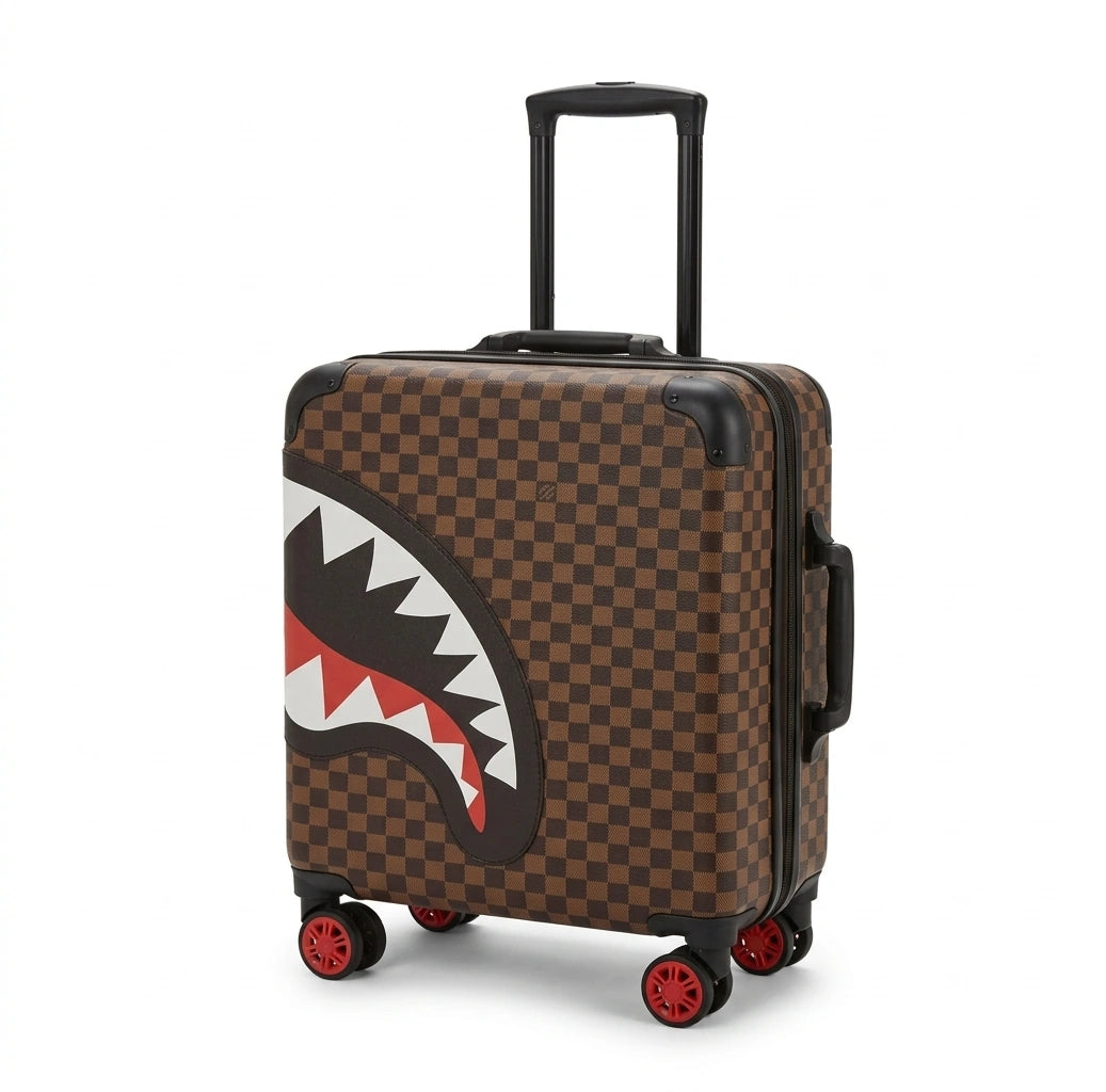 Sprayground Damier Ebene Shark Mouth Rolling Carry-On Suitcase - Brown